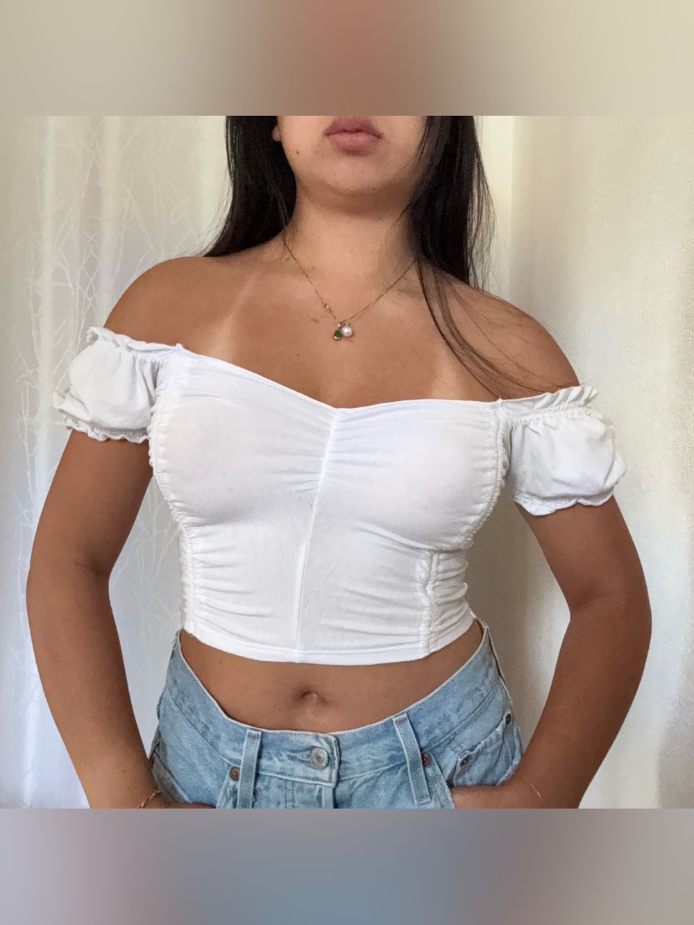Garage White Off-Shoulder Ruched Crop Top